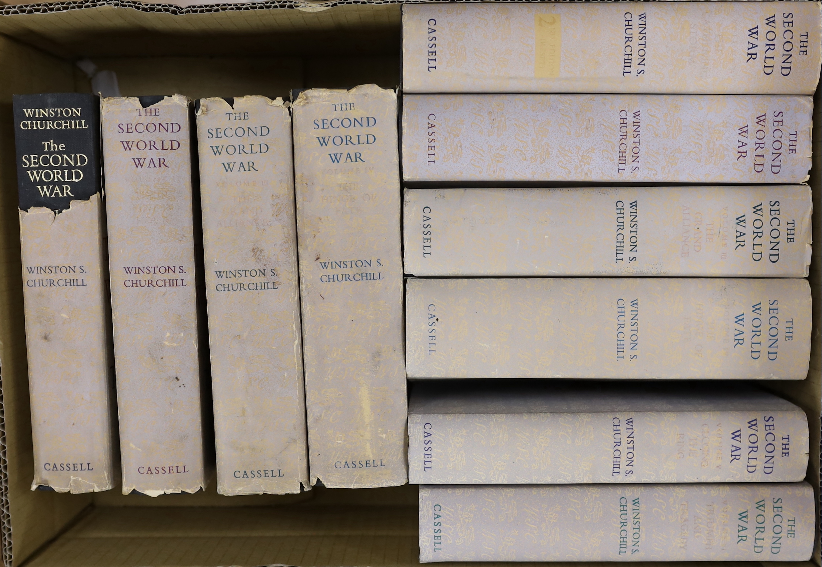 Churchill, Sir Winston Spencer - The Second World War. 6 vols. (vol. I new edition revised and reset, vols. 2-6 Ist editions). 24 folded maps (some with colour), num. text maps and diagrams; publisher's gilt lettered clo